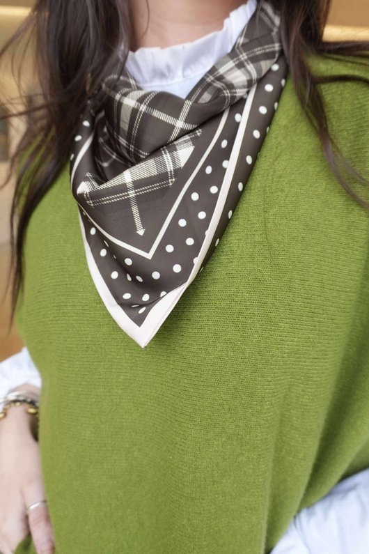 Plaid & Polka Border Triangle Silk Neckerchief Deep Khaki